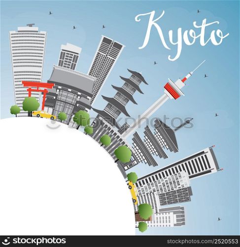 Kyoto Skyline with Gray Landmarks, Blue Sky and Copy Space. Vector illustration. Business Travel or Tourism Concept with Modern and Historic Buildings. Image for Presentation Banner Placard and Web.