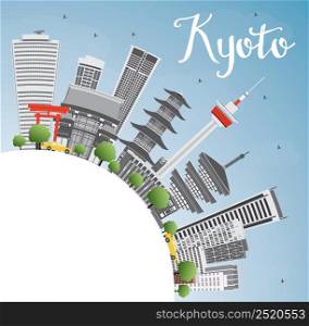 Kyoto Skyline with Gray Landmarks, Blue Sky and Copy Space. Vector illustration. Business Travel or Tourism Concept with Modern and Historic Buildings. Image for Presentation Banner Placard and Web.