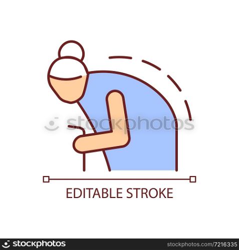 Kyphosis RGB color icon. Roundback. Spine curvature. Abnormal back curve. Elderly person with back problem. Backbone disease. Isolated vector illustration. Simple filled line drawing. Editable stroke. Kyphosis RGB color icon
