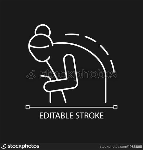 Kyphosis white linear icon for dark theme. Roundback. Elderly person with back problem. Spine curve. Thin line customizable illustration. Isolated vector contour symbol for night mode. Editable stroke. Kyphosis white linear icon for dark theme