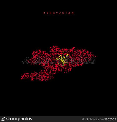 Kyrgyzstan flag map, chaotic particles pattern in the colors of the Kyrgyz flag. Vector illustration isolated on black background.. Kyrgyzstan flag map, chaotic particles pattern in the Kyrgyz flag colors. Vector illustration