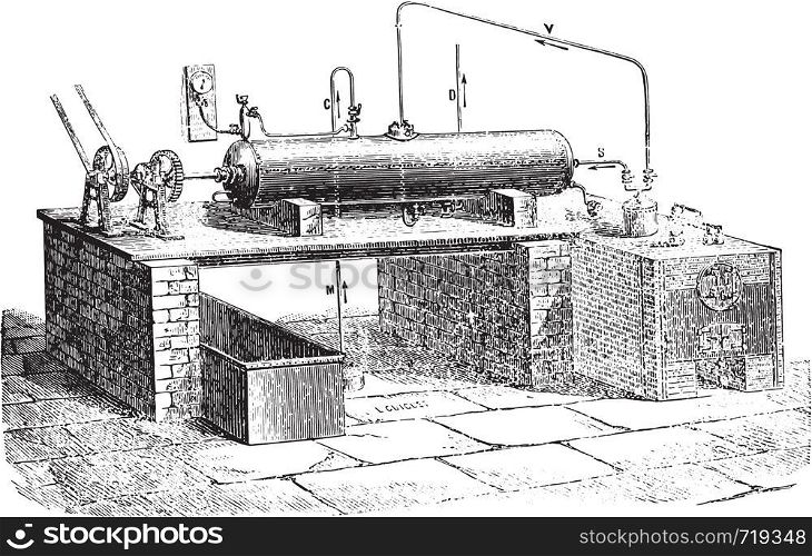 L. Droux device for the aqueous decomposition, vintage engraved illustration. Industrial encyclopedia E.-O. Lami - 1875.
