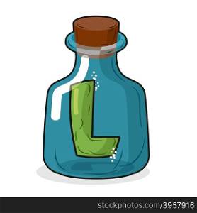 L in scientific laboratory bottle. Letter in a magic bottle with a wooden stopper. Vector illustration. Capacity for research&#xA;
