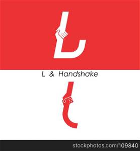 L - Letter abstract icon & hands logo design vector template.Teamwork and Partnership concept.Business offer and Deal symbol.Vector illustration
