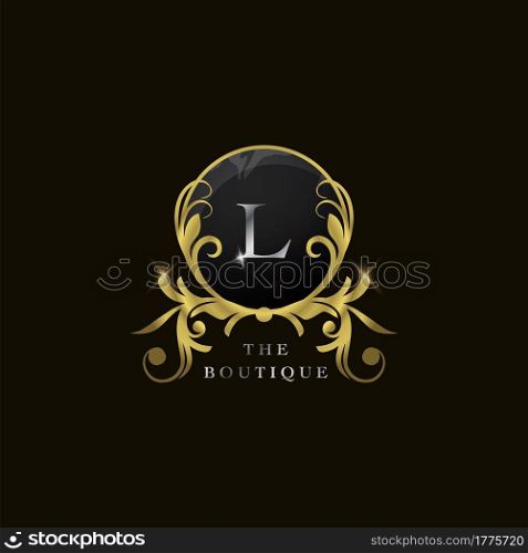 L Letter Golden Circle Shield Luxury Boutique Logo, vector design concept for initial, luxury business, hotel, wedding service, boutique, decoration and more brands.