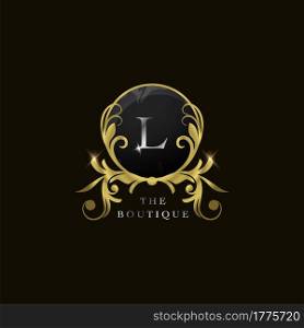 L Letter Golden Circle Shield Luxury Boutique Logo, vector design concept for initial, luxury business, hotel, wedding service, boutique, decoration and more brands.