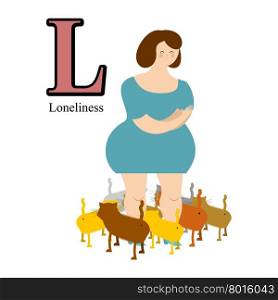 L letter of alphabet. Loneliness. Sad woman and many cats. Sad people. Pets near lonely mistress.&#xA;