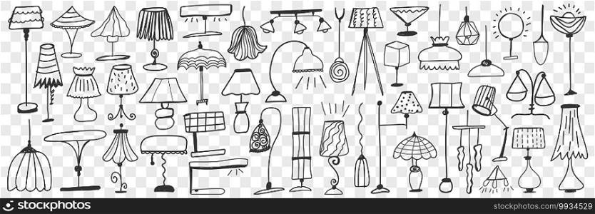 L&s and floor l&s doodle set. Collection of hand drawn cute elegant l&s for home decorating on various shapes and sizes isolated on transparent background. Illustration of light equipment . L&s and floor l&s doodle set