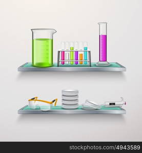 Lab Equipment On Shelves Composition. Colorful realistic chemical equipment for experiments on laboratory shelves composition with vessels tubes glases flat vector illustration