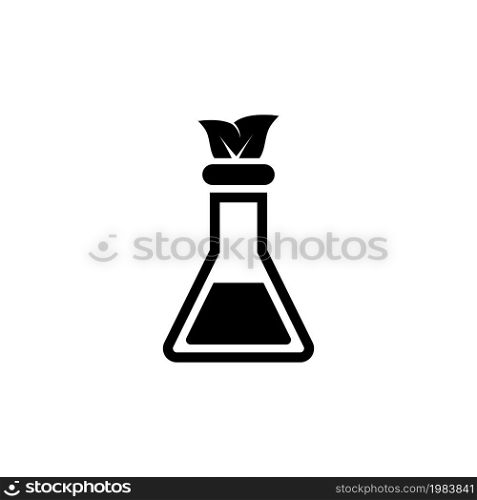 Lab flask with Leaf Inside, Experiment. Flat Vector Icon illustration. Simple black symbol on white background. Lab flask with Leaf Inside Experiment sign design template for web and mobile UI element. Lab flask with Leaf Inside Flat Vector Icon