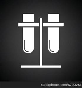 Lab flasks attached to stand icon. Black background with white. Vector illustration.