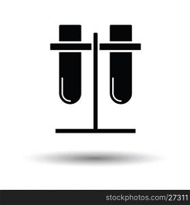 Lab flasks attached to stand icon. White background with shadow design. Vector illustration.