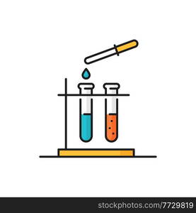 Lab glassware droplet and flask, gene engineering isolated line icon. Vector beakers stand, eyedropper with falling drop. Modified food, genetics, chemistry and physics scientific research, pharmacy. Gene engineering, beakers on stand and eyedropper