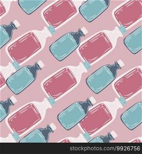 Lab liquid bottles ornament seamless pattern. Doodle elements in pink and blu colors. Perfect for fabric design, textile print, wrapping, cover. Vector illustration.. Lab liquid bottles ornament seamless pattern. Doodle elements in pink and blu colors.