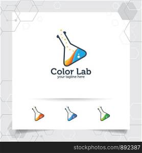 Lab or laboratory logo design vector concept of bottle and chemical formula icon illustration for scientists, research, and medical test.