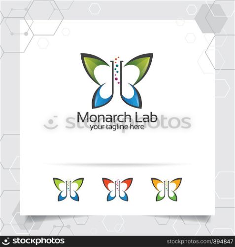 Lab or laboratory logo design vector concept of bottle and chemical formula icon illustration for scientists, research, and medical test.