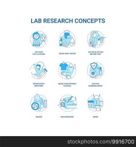Lab research concept icons set. Health diagnostics idea thin line RGB color illustrations. No medication before test. Drinking only water. Vector isolated outline drawings. Editable stroke. Lab research concept icons set