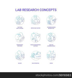 Lab research concept icons set. Health diagnostics idea thin line RGB color illustrations. No food for 12 hours. Wearing comfortable clothes. Numbing spray. Vector isolated outline drawings. Lab research concept icons set