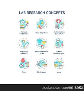Lab research concept icons set. Health diagnostics idea thin line RGB color illustrations. Blood, urine. Skin scraping. Numbing spray. Vector isolated outline drawings. Editable stroke. Lab research concept icons set