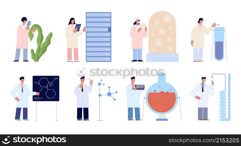 Lab scientists. Modern flat tech research girl, laboratory chemical science. Medical, biology experiment, innovation technology utter vector set. Illustration research scientist experiment. Lab scientists. Modern flat tech research girl, laboratory chemical science. Medical, biology experiment, innovation technology utter vector set