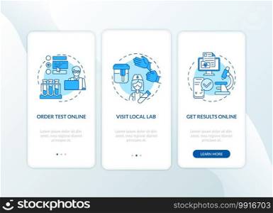 Lab test ordering steps onboarding mobile app page screen with concepts. Order test online, reports walkthrough 3 steps graphic instructions. UI vector template with RGB color illustrations. Lab test ordering steps onboarding mobile app page screen with concepts