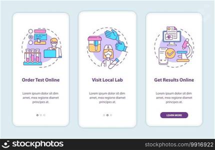 Lab test ordering steps onboarding mobile app page screen with concepts. Ordering test online, results walkthrough 3 steps graphic instructions. UI vector template with RGB color illustrations. Lab test ordering steps onboarding mobile app page screen with concepts