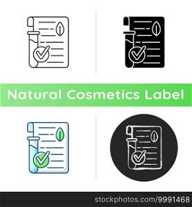 Lab tested icon. Natural cosmetics production. Creation of cosmetics without harmful chemical additives. Skin care. Linear black and RGB color styles. Isolated vector illustrations. Lab tested icon