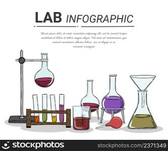 Lab worker table computer chemical research process, Pharmaceutical pharmacology science laboratory. Science, education, chemistry, experiment, laboratory concept. vector illustration in flat design.