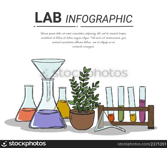 Lab worker table computer chemical research process. Pharmaceutical pharmacology science laboratory. Science, education, chemistry, experiment, laboratory concept. vector illustration in flat design.