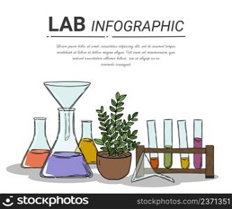 Lab worker table computer chemical research process. Pharmaceutical pharmacology science laboratory. Science, education, chemistry, experiment, laboratory concept. vector illustration in flat design.