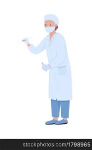 Lab worker takes blood sample semi flat color vector character. Full body person on white. Doctor with test tube and needle isolated modern cartoon style illustration for graphic design and animation. Lab worker takes blood sample semi flat color vector character