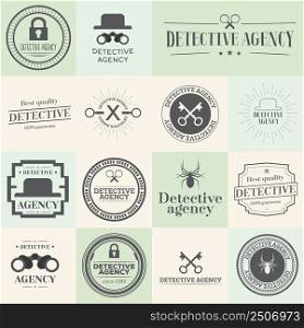 Label badges and stamps set for detective agency. Vector illustration. Objects for web site, documents and other designs.
