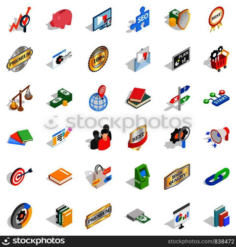 Label icons set. Isometric style of 36 label vector icons for web isolated on white background. Label icons set, isometric style