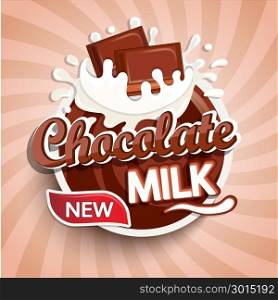 Label, logo of fresh chocolate milk.. Label, logo of fresh chocolate milk on sunburst background. Milky splashing with drops from falling pieces of delicious chocolate. Vector illustration for your design, packaging and advertising.