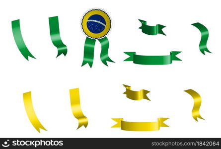 label, set of green and yellow ribbons with tag, in colors of brazil flag. Isolated vector on white background