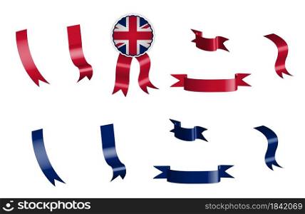 label, set of red and blue ribbons with tag, in colors of the flag of great britain. Isolated vector on white background