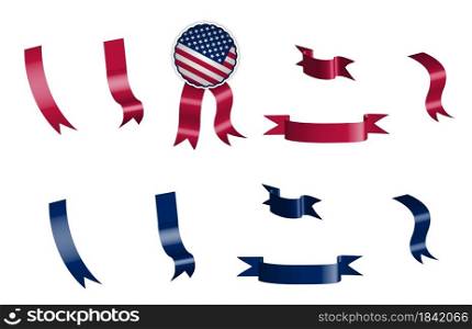 label, set of red and blue ribbons with tag, in colors of american flag. Isolated vector on white background