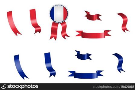 label, set of red and blue ribbons with tag, in colors of France flag. Isolated vector on white background