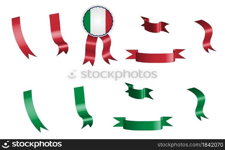 label, set of red and green ribbons with tag, in colors of Italy flag. Isolated vector on white background