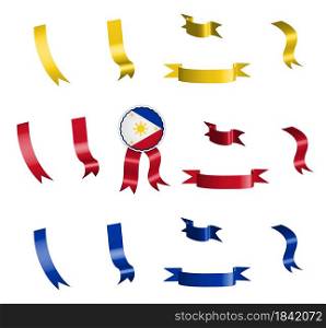 label, set of red, blue and yellow ribbons with tag, in colors of flag of Philippines republic. Isolated vector on white background