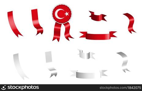label, set of white and red ribbons with tag, in colors flag of Republic of Turkey. Isolated vector on white background