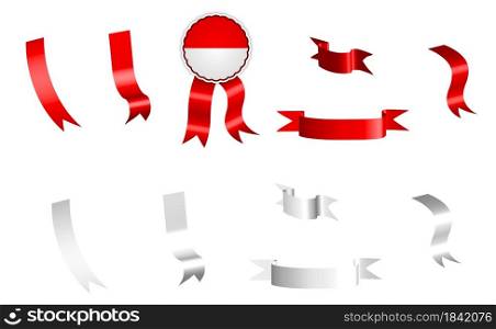 label, set of white and red ribbons with tag, in colors of Indonesia flag. Isolated vector on white background
