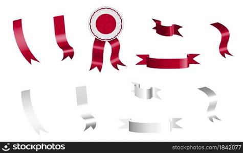 label, set of white and red ribbons with tag, in colors of Japan flag. Isolated vector on white background