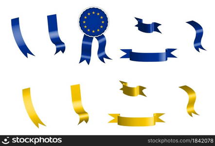 label, set of yellow and blue ribbons with tag, in colors of flag of the European Union. Isolated vector on white background