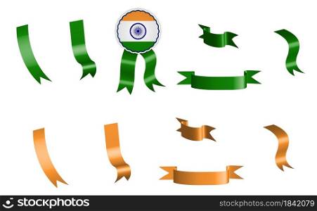 label, set of yellow and green ribbons with tag, in colors of India flag. Isolated vector on white background