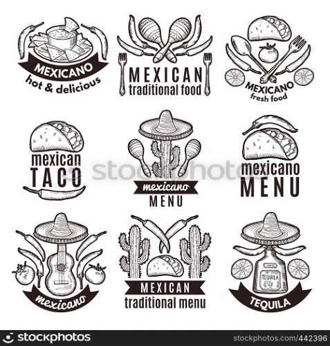 Label set with traditional mexican symbols. Food emblems for restaurant menu mexican food, traditional logo sombrero and cactus. Vector illustration. Label set with traditional mexican symbols. Food emblems for restaurant menu