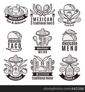 Label set with traditional mexican symbols. Food emblems for restaurant menu mexican food, traditional logo sombrero and cactus. Vector illustration. Label set with traditional mexican symbols. Food emblems for restaurant menu