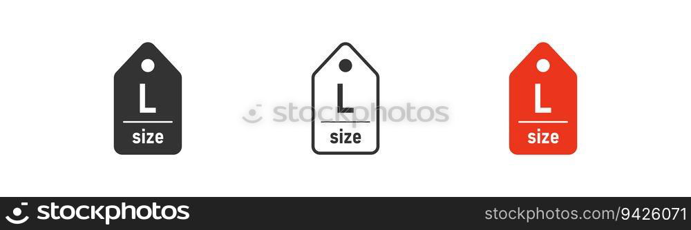Label size L icon on light background. Clothes symbol. Measurement standart, large t-shirt, cloting tag, apparel. Outline, flat and colored style. Flat design. Vector illustration.. Label size L icon on light background. Clothes symbol. Measurement standart, large t-shirt, cloting tag, apparel. Outline, flat and colored style. Flat design. Vector illustration