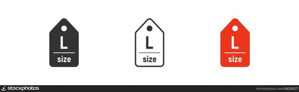 Label size L icon on light background. Clothes symbol. Measurement standart, large t-shirt, cloting tag, apparel. Outline, flat and colored style. Flat design. Vector illustration.. Label size L icon on light background. Clothes symbol. Measurement standart, large t-shirt, cloting tag, apparel. Outline, flat and colored style. Flat design. Vector illustration