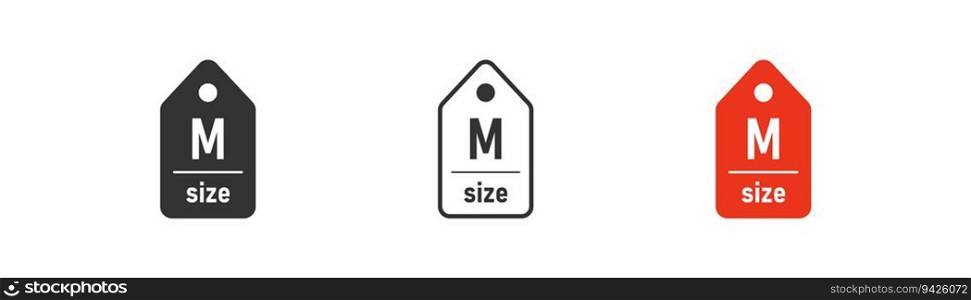 Label size M icon on light background. Clothes symbol. Measurement standart, t-shirt, cloting tag. Outline, flat and colored style. Flat design. Vector illustration.. Label size M icon on light background. Clothes symbol. Measurement standart, t-shirt, cloting tag. Outline, flat and colored style. Flat design. Vector illustration